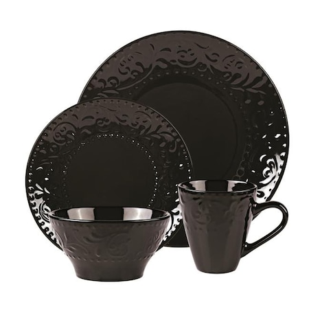 Lorren Home Trends Lorren Home Trends LH528 16 Piece Stoneware Scroll Dinnerware Set; Black LH528